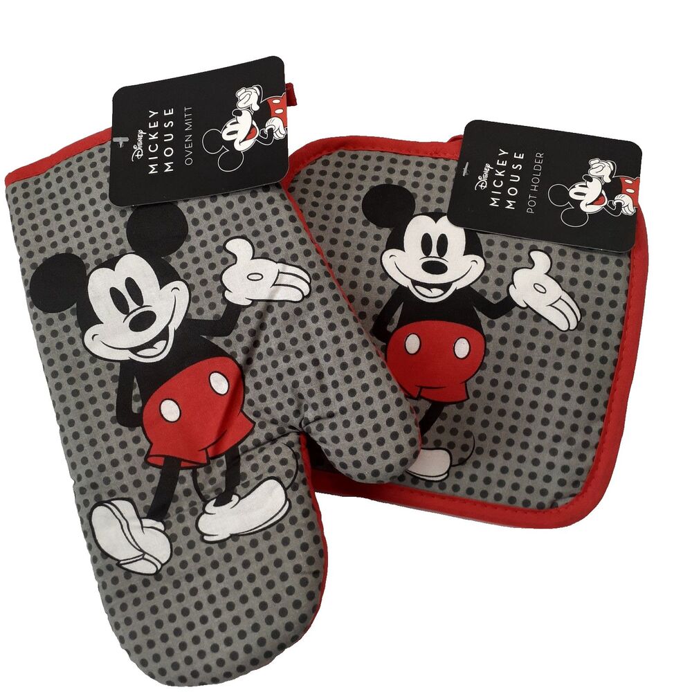 Disney Mickey Mouse Oven Mitt Pot Holder Gray Red Black Polka Dot 2 Pieces